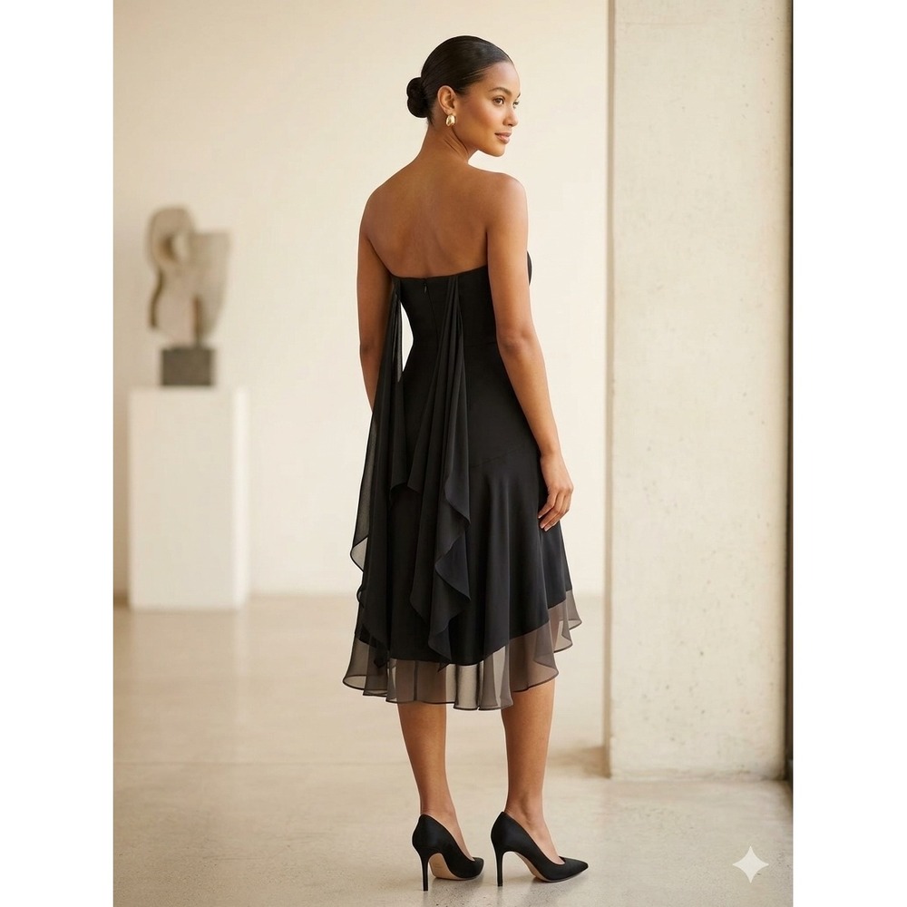 Badgley Mischka Black Strapless Draped Ruffle High Low Cocktail Dress Size 6